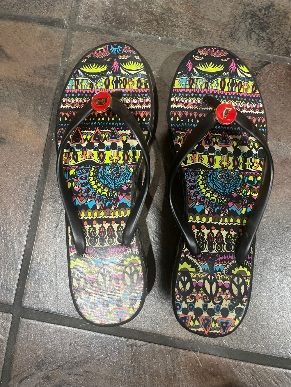 Sakroots Black Strap Sandals with Neon Multicolor Aztec Print